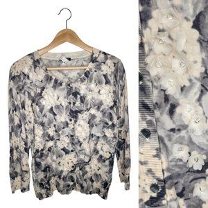 Silk Blend Cardigan w/ 3-D Floral Detail and Beading Watercolor Floral Size M